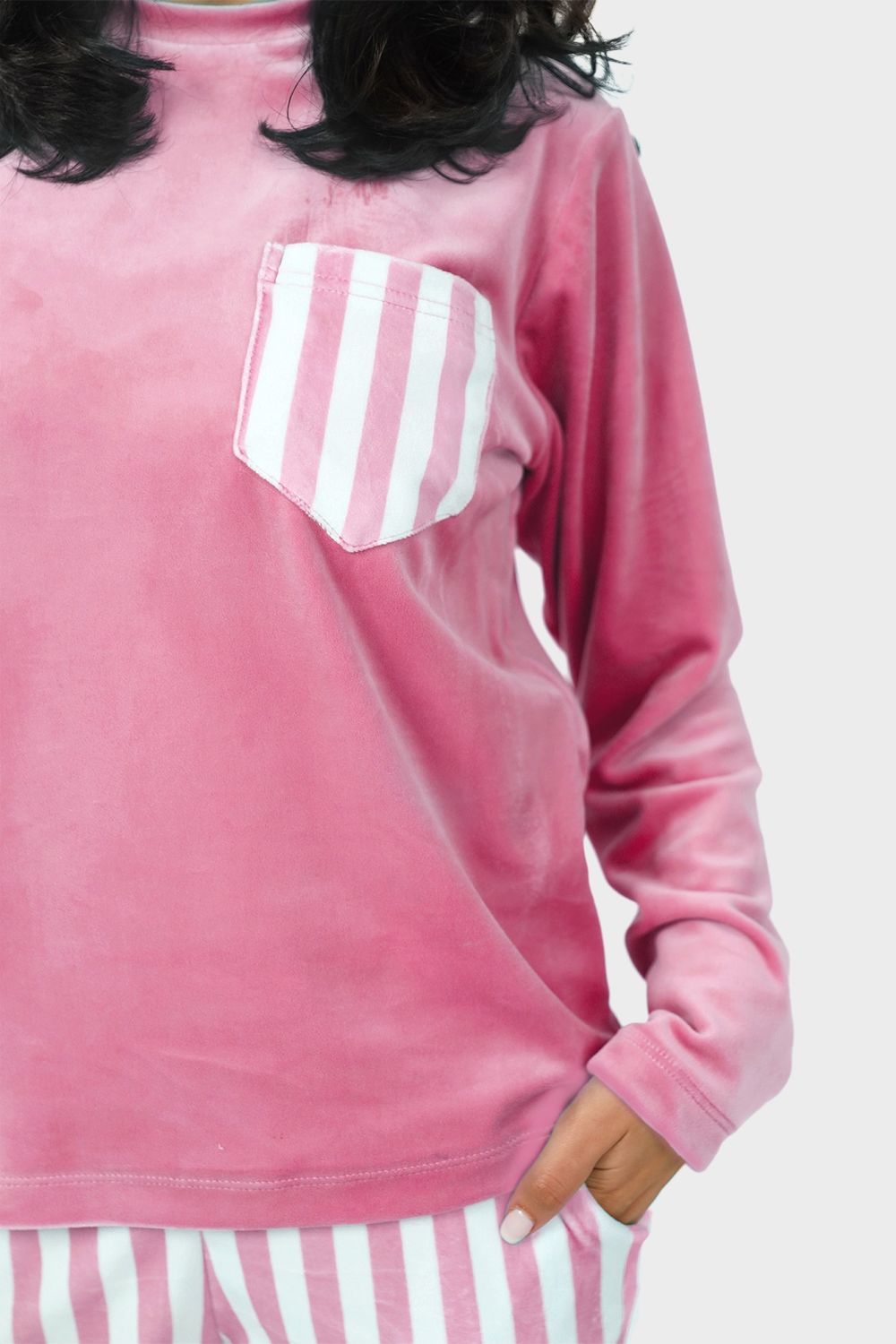 Top & Striped Pants Velvet Pajama Set