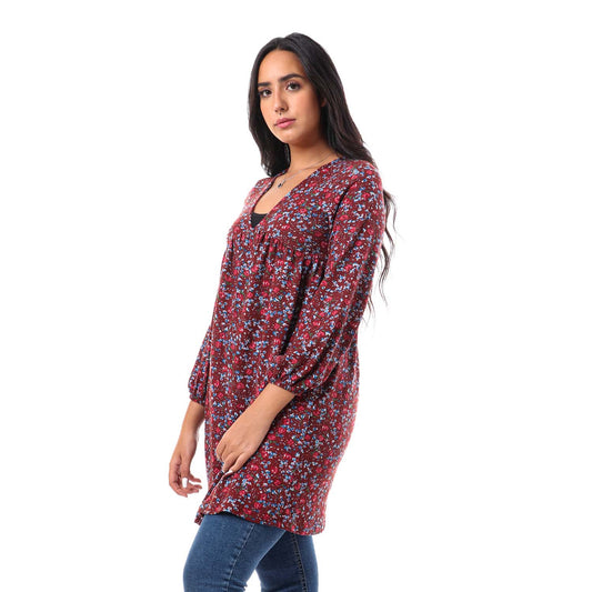 Floral V-Neck Tunic Top - توب بقصة تونك مشجر برقبة V