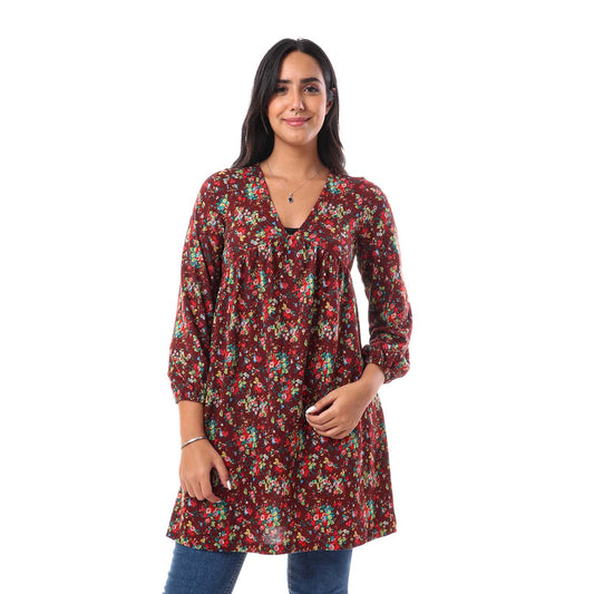 Floral V-Neck Tunic Top - توب بقصة تونك مشجر برقبة V