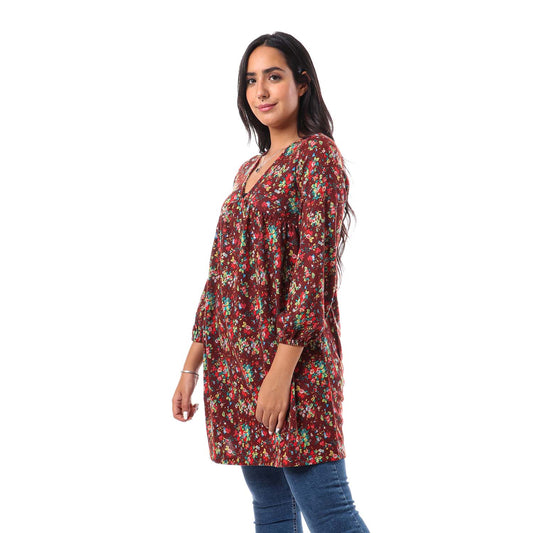 Floral V-Neck Tunic Top - توب بقصة تونك مشجر برقبة V