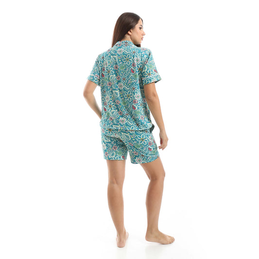 Turquoise Classic Shorts Pajama Set - طقم بيجامة شورت كلاسيك