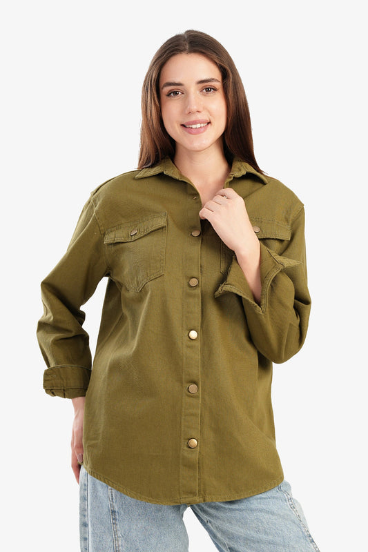 قميص قطني جاكار مع جيوب بغطاء