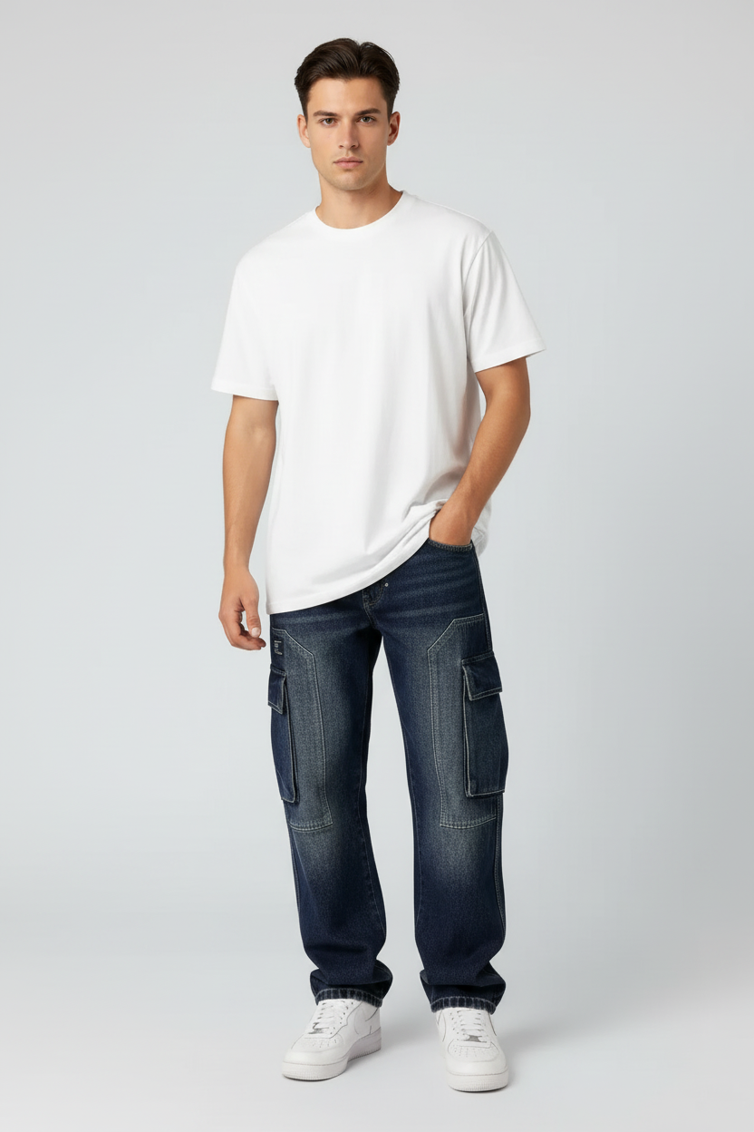 بنطلون كارجو واسع أزرق داكن