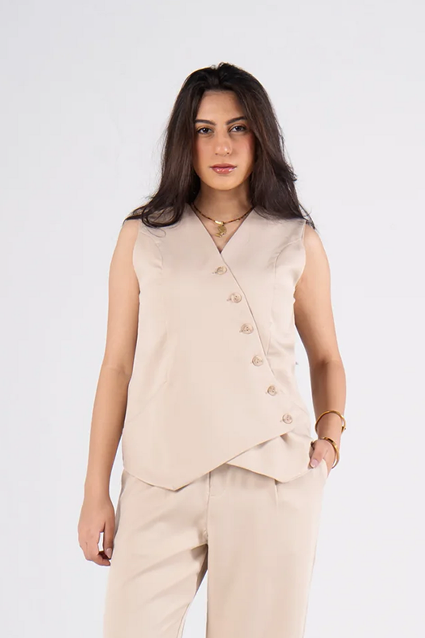 Beige Cross Button Vest