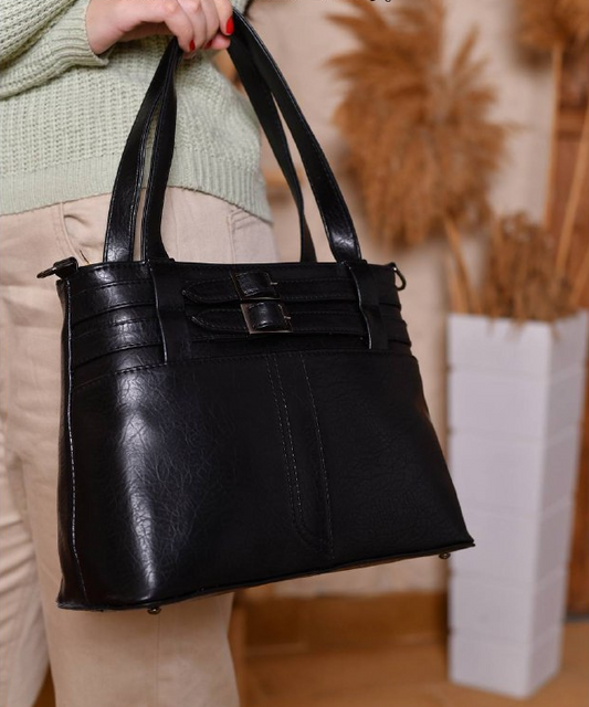 Black Handbag with Decorative Buckles