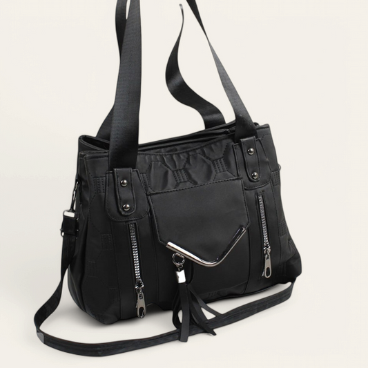 Black Leather Shoulder Bag with Long Strap