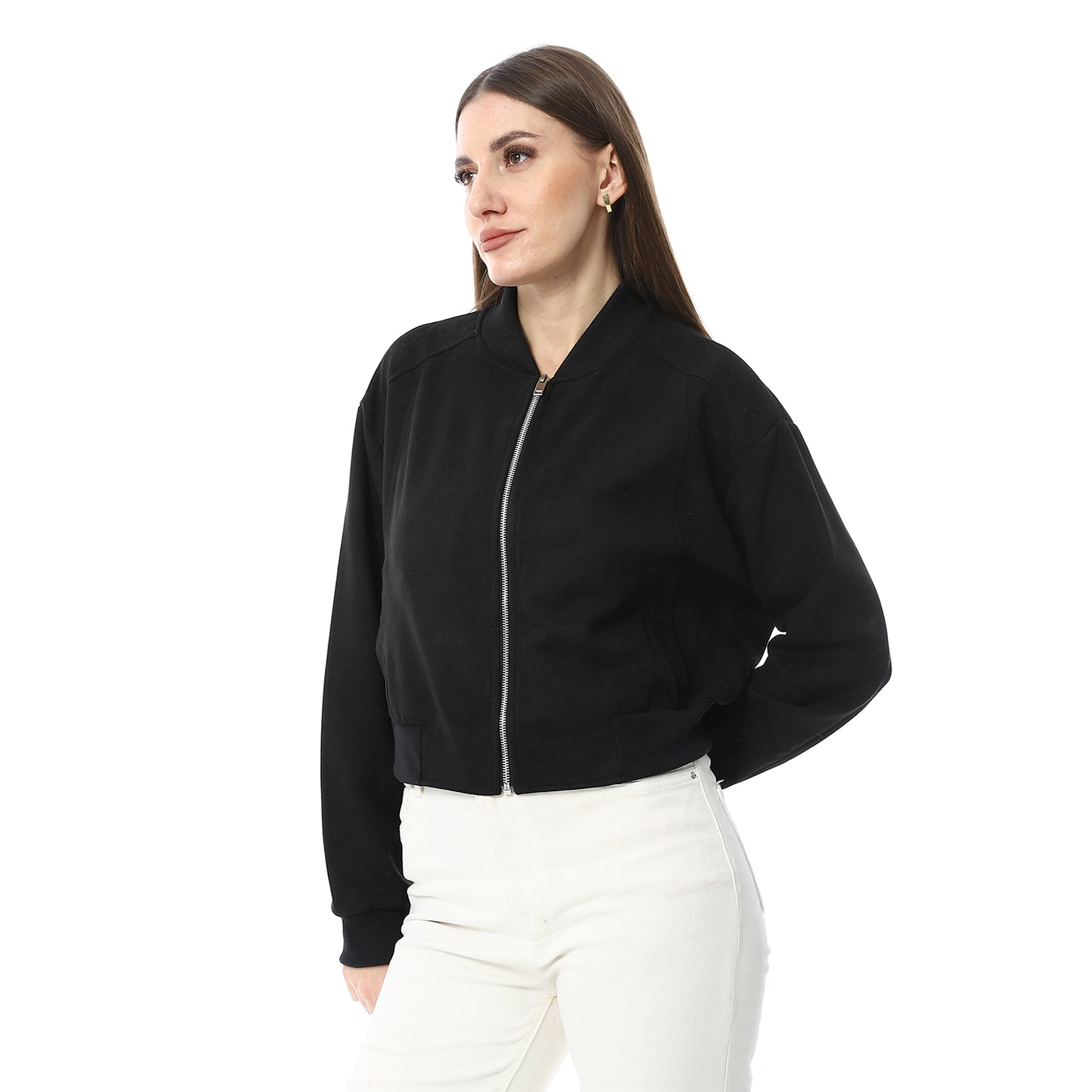 Black Suede Zip-up High-Hip Jacket - جاكيت أسود من جلد الغزال بسحاب وطول الورك