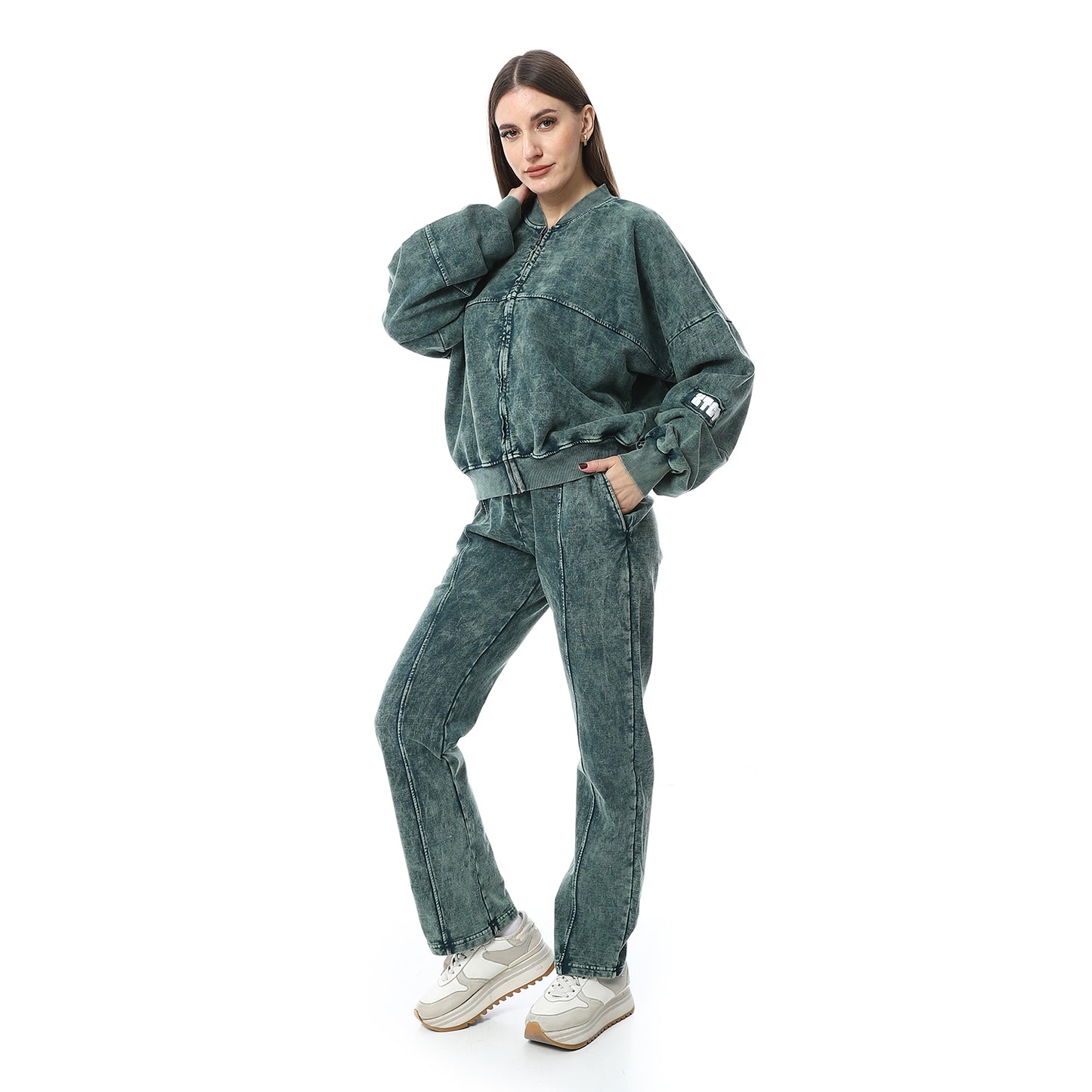 Olive Casual Zip-up Jacket & Pants Set - طقم جاكيت وبنطال كاجوال بسحاب لون زيتوني
