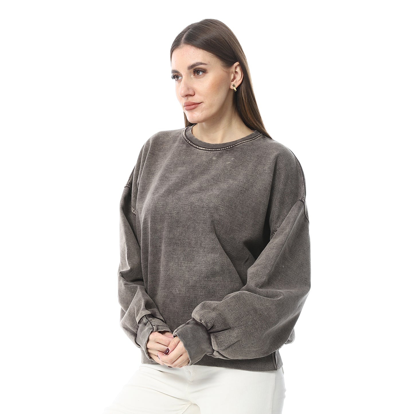 Brown Ribbed Cuffs Cotton Sweatshirt - سويت شيرت قطني بني بأكمام مضلعة