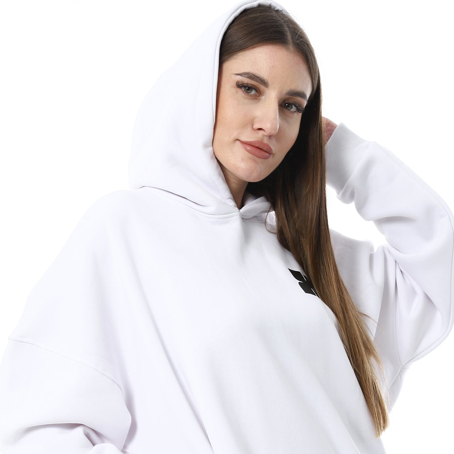 هودي كبير الحجم مطبوع باللون الأبيض