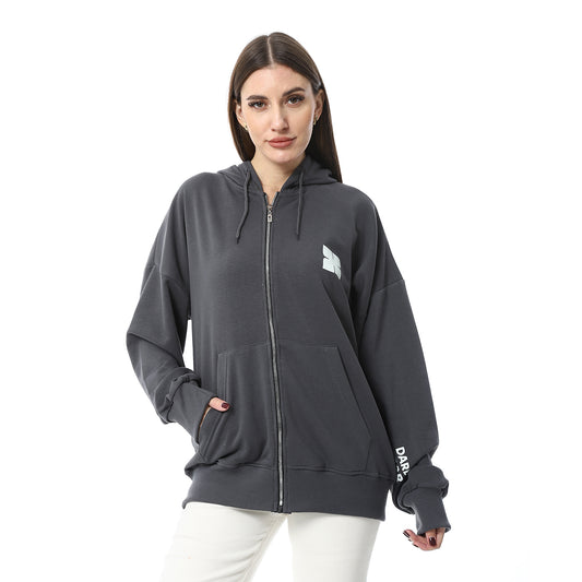 Dark Gray Simple Print Full Zip Hoodie