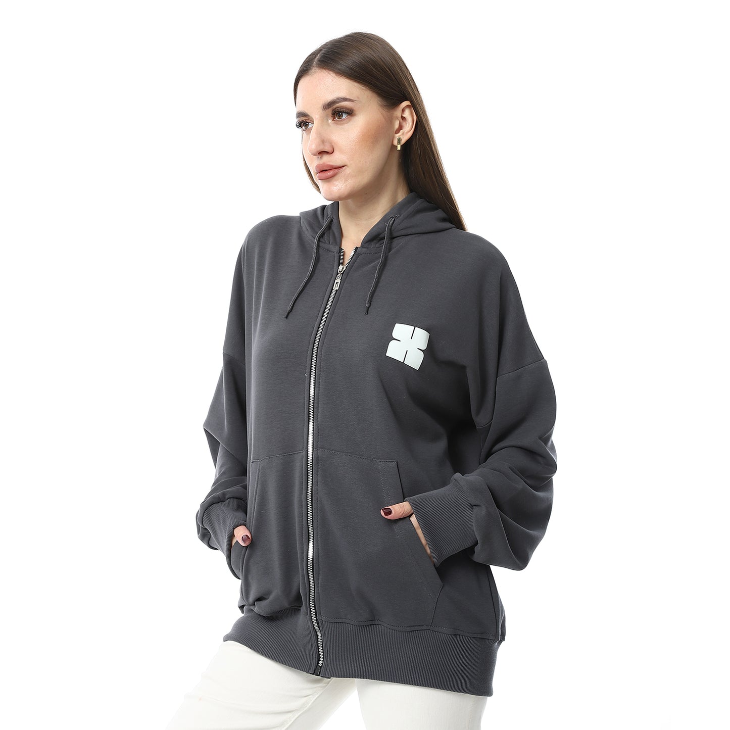 Dark Gray Simple Print Full Zip Hoodie