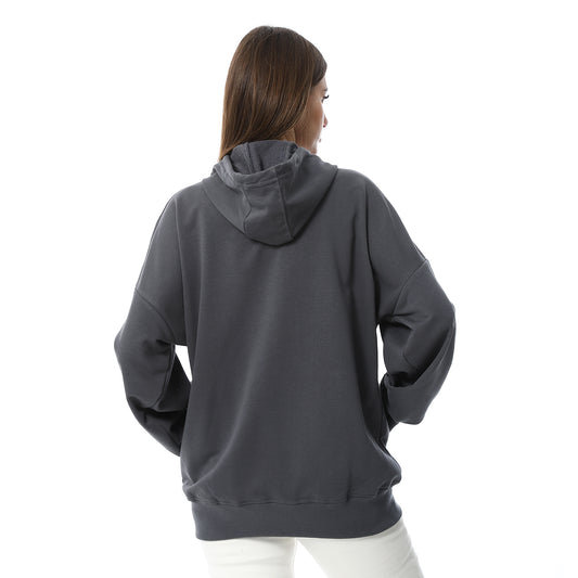 Dark Gray Simple Print Full Zip Hoodie