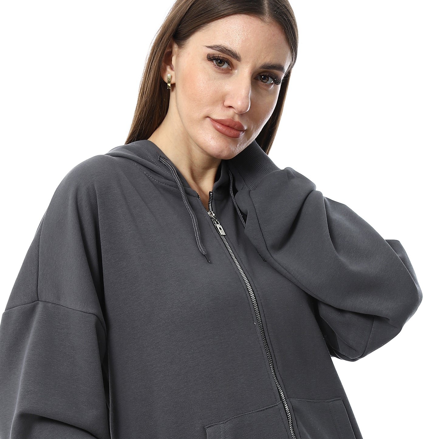 Dark Gray Simple Print Full Zip Hoodie