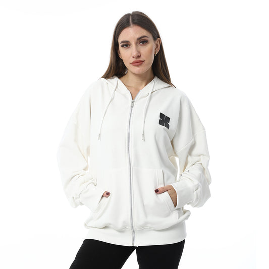 White Simple Print Full Zip Hoodie