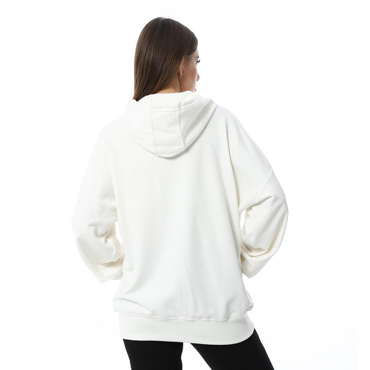 White Simple Print Full Zip Hoodie