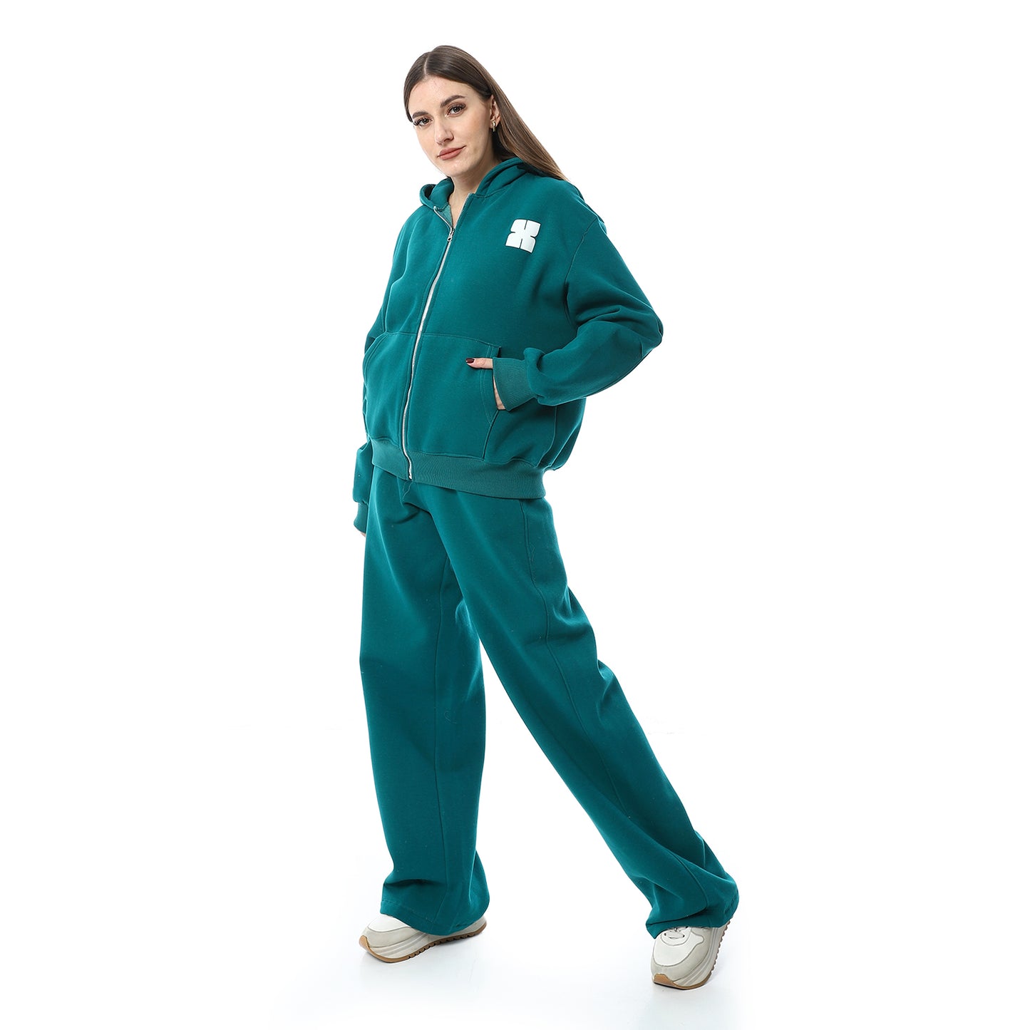 Teal Zipper Hoodie & Sweatpants Pajama Set - طقم بيجامة بغطاء رأس وبنطال رياضي بسحاب بلون أزرق مخضر
