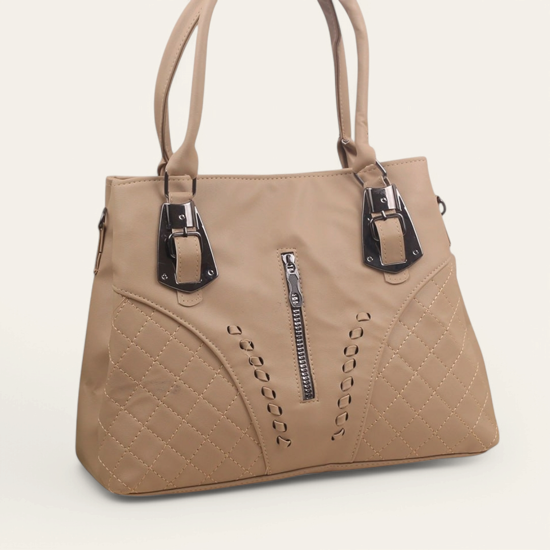 Beige Classic Handbag with Extra Strap - حقيبة يد كلاسيكية باللون البيج مع حزام إضافي