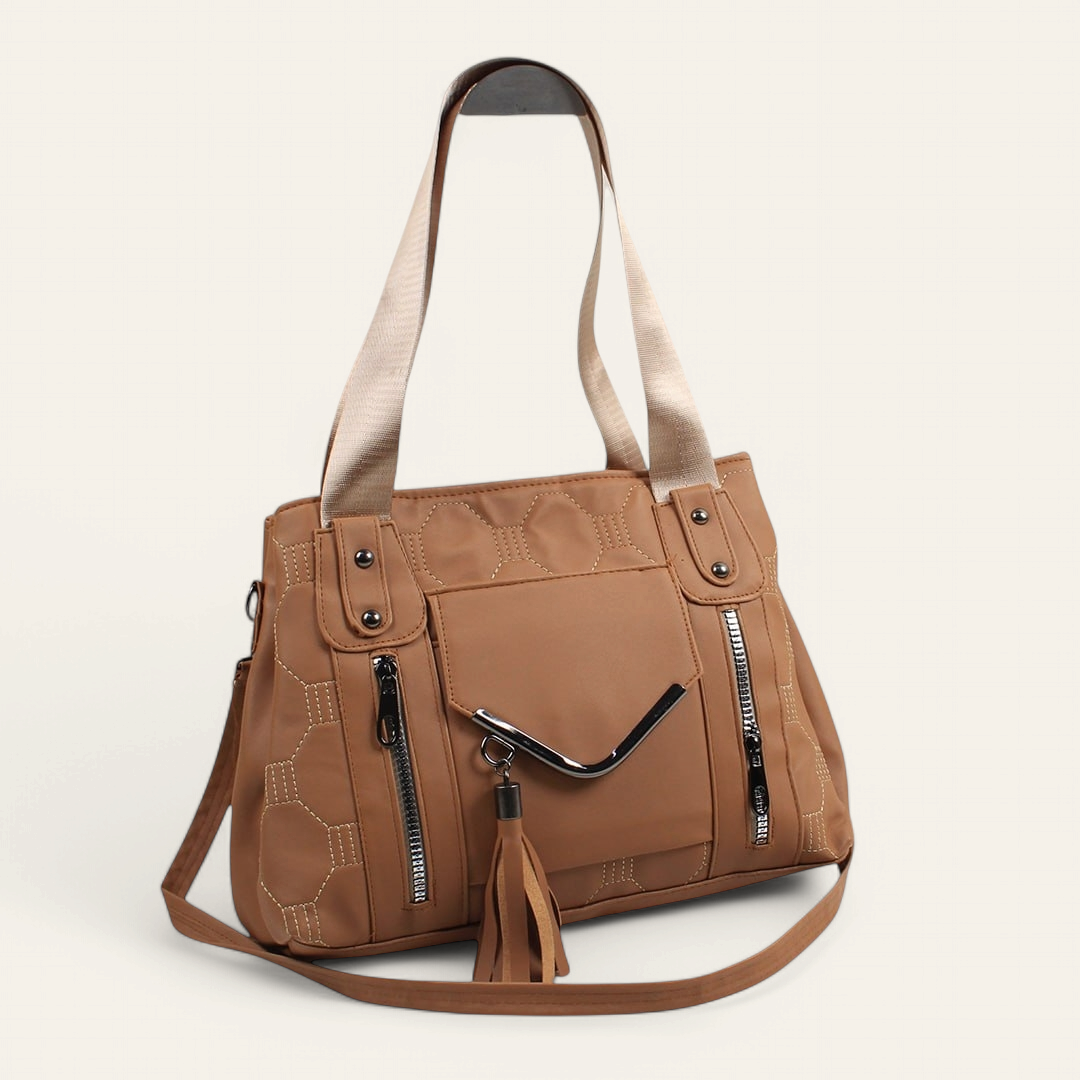 Cafe Leather Shoulder Bag with Long Strap - حقيبة كتف جلدية بحزام طويل