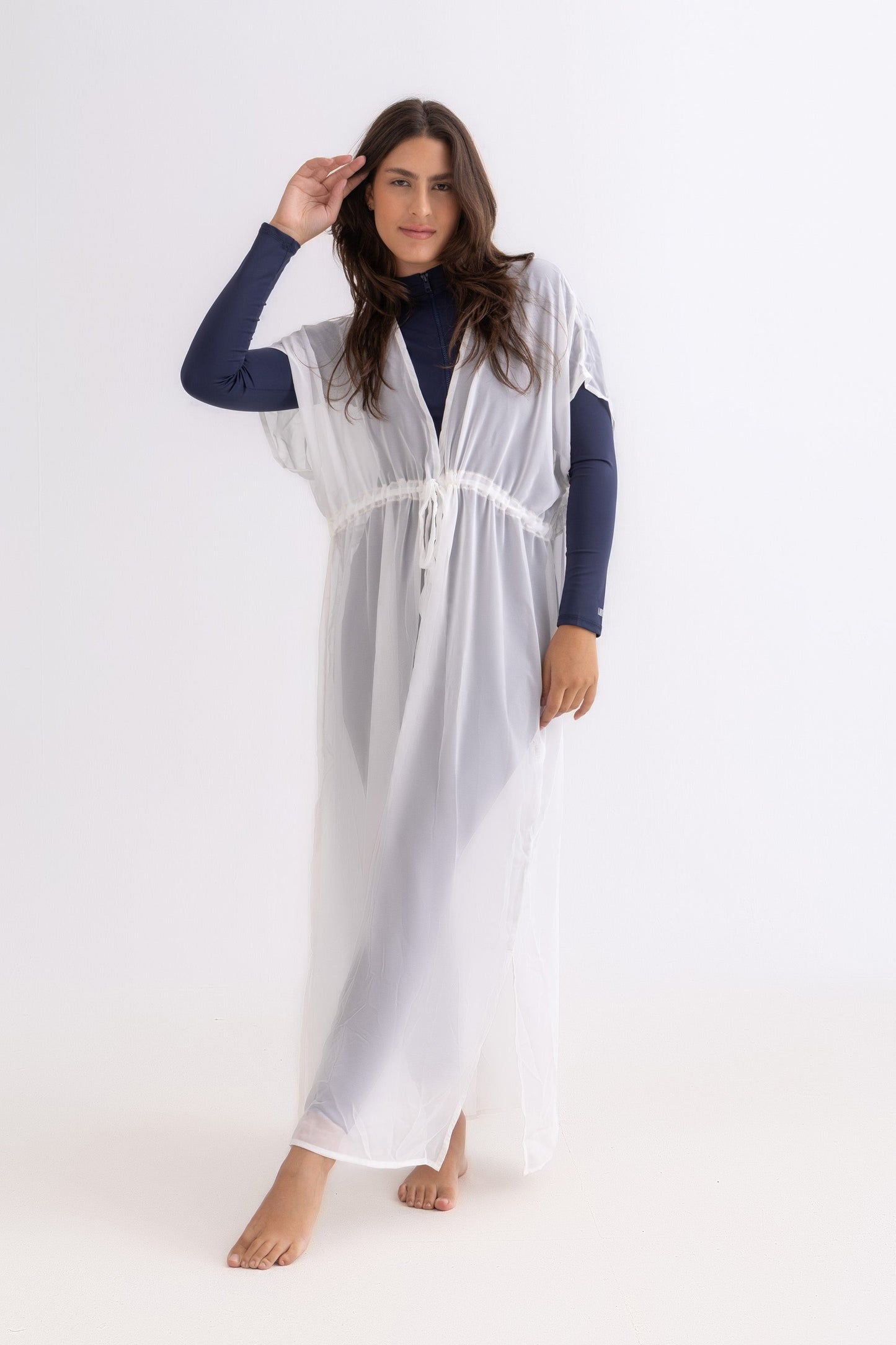 White Chiffon Dress with Drawstring Waist - فستان شيفون أبيض مع رباط خصر