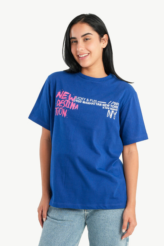 تي شيرت مطبوع باللون الأزرق