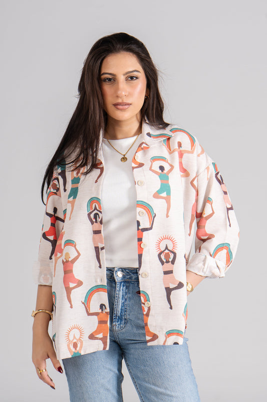 قميص كتان تركي مطبوع بأكمام طويلة