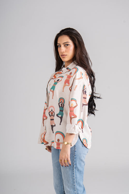 قميص كتان تركي مطبوع بأكمام طويلة