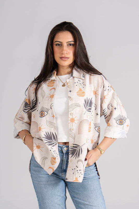 قميص كتان تركي مطبوع بأكمام طويلة