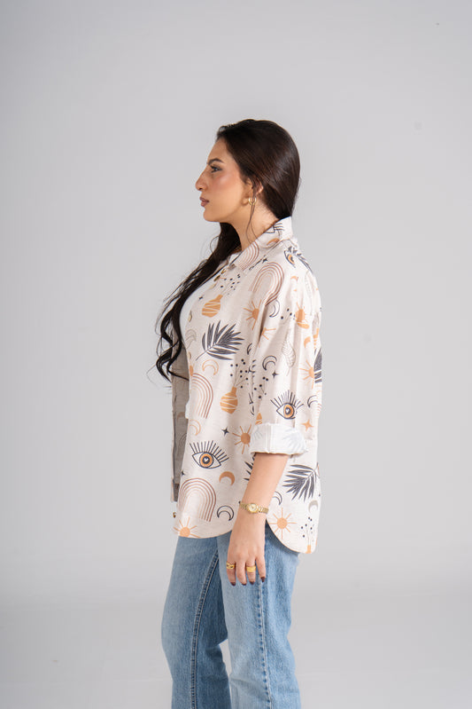 قميص كتان تركي مطبوع بأكمام طويلة