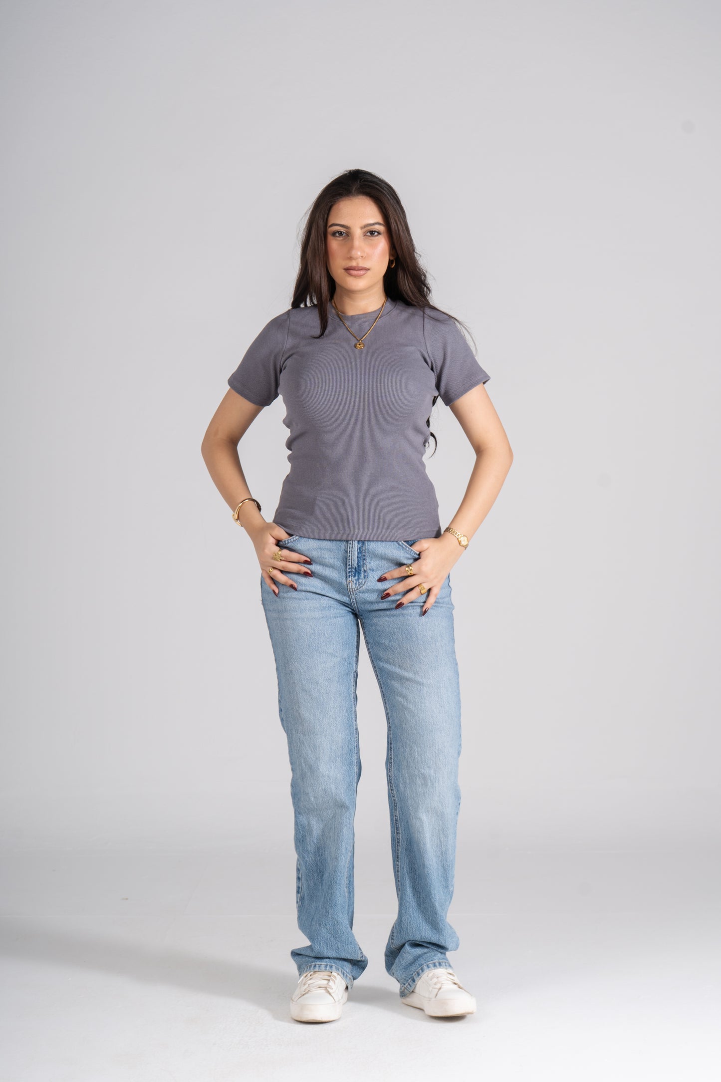 Dark Gray Short Sleeves Ribbed Top