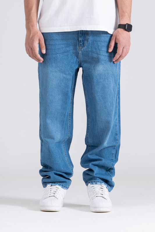Sky Blue Baggy Fit Jeans - Ribbed Cuff