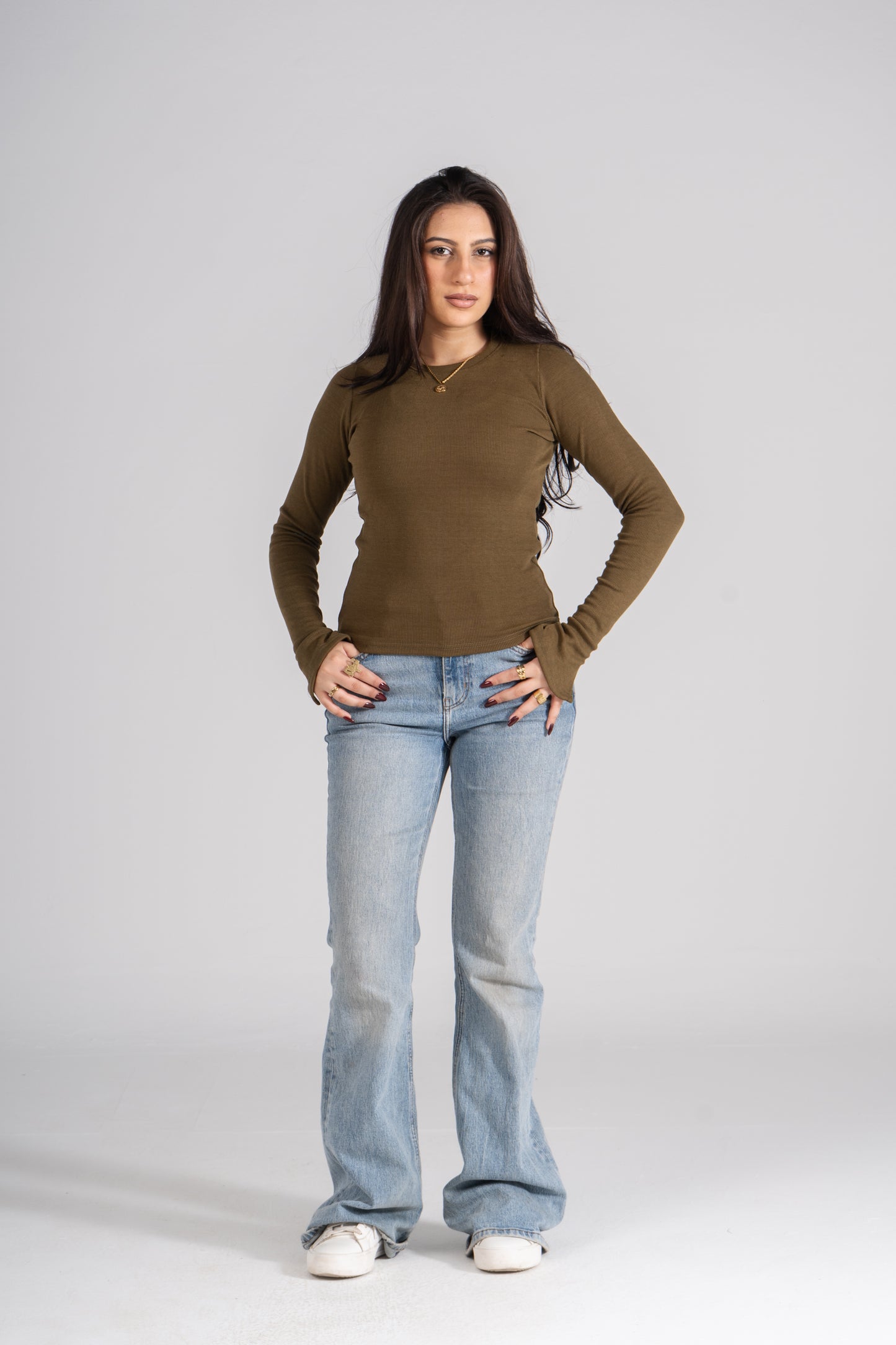 Olive Ribbed Top With Bracelet Slit