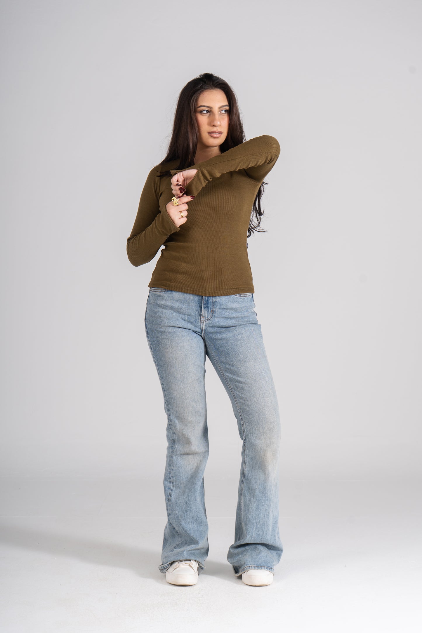 Olive Ribbed Top With Bracelet Slit