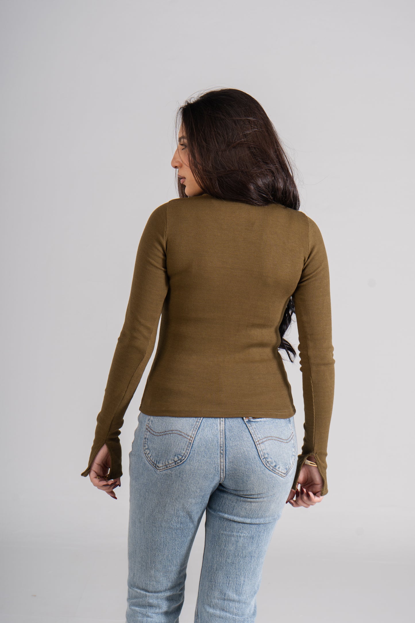 Olive Ribbed Top With Bracelet Slit