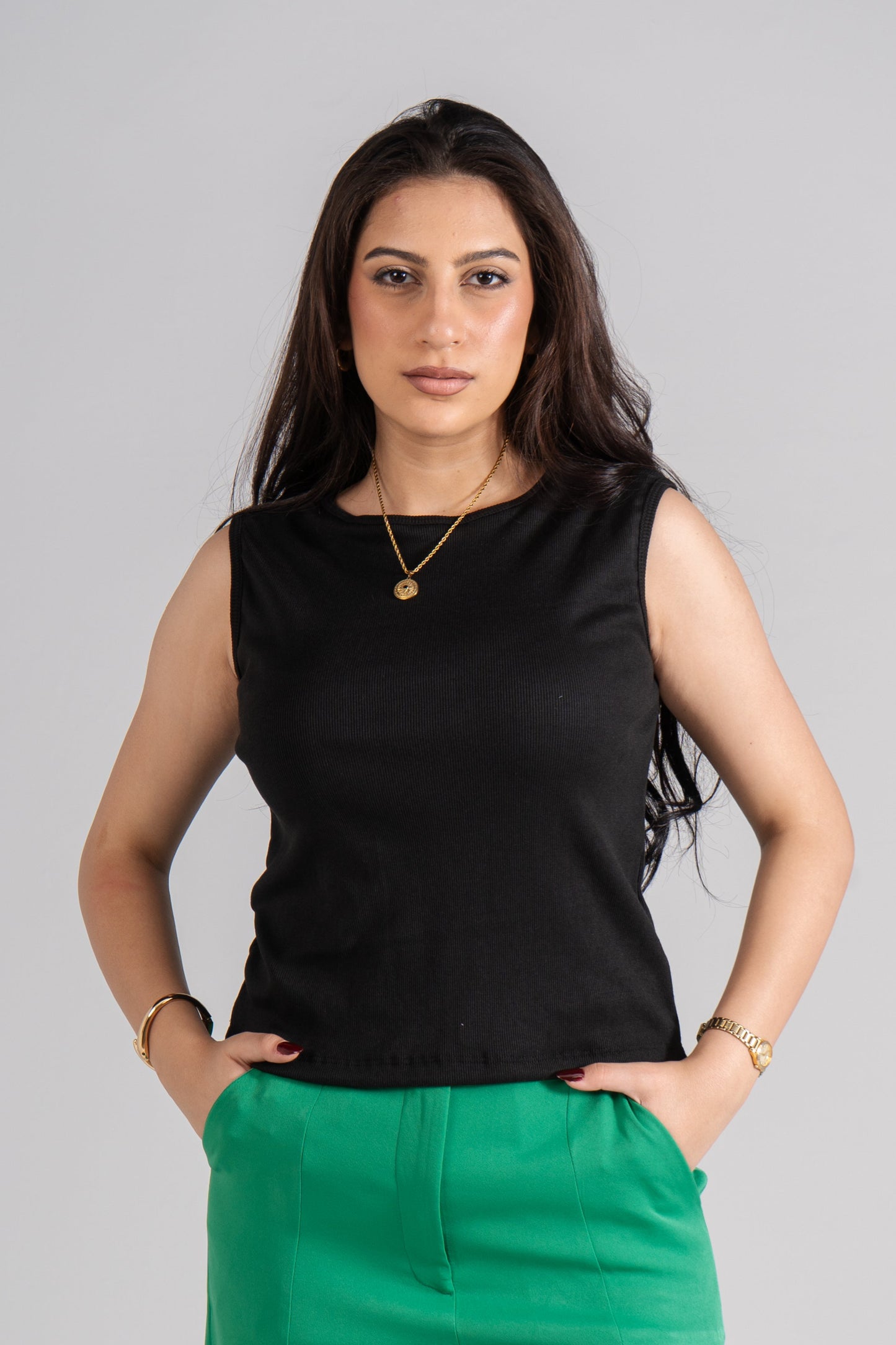 Black Crew Neck Ribbed Tank Top