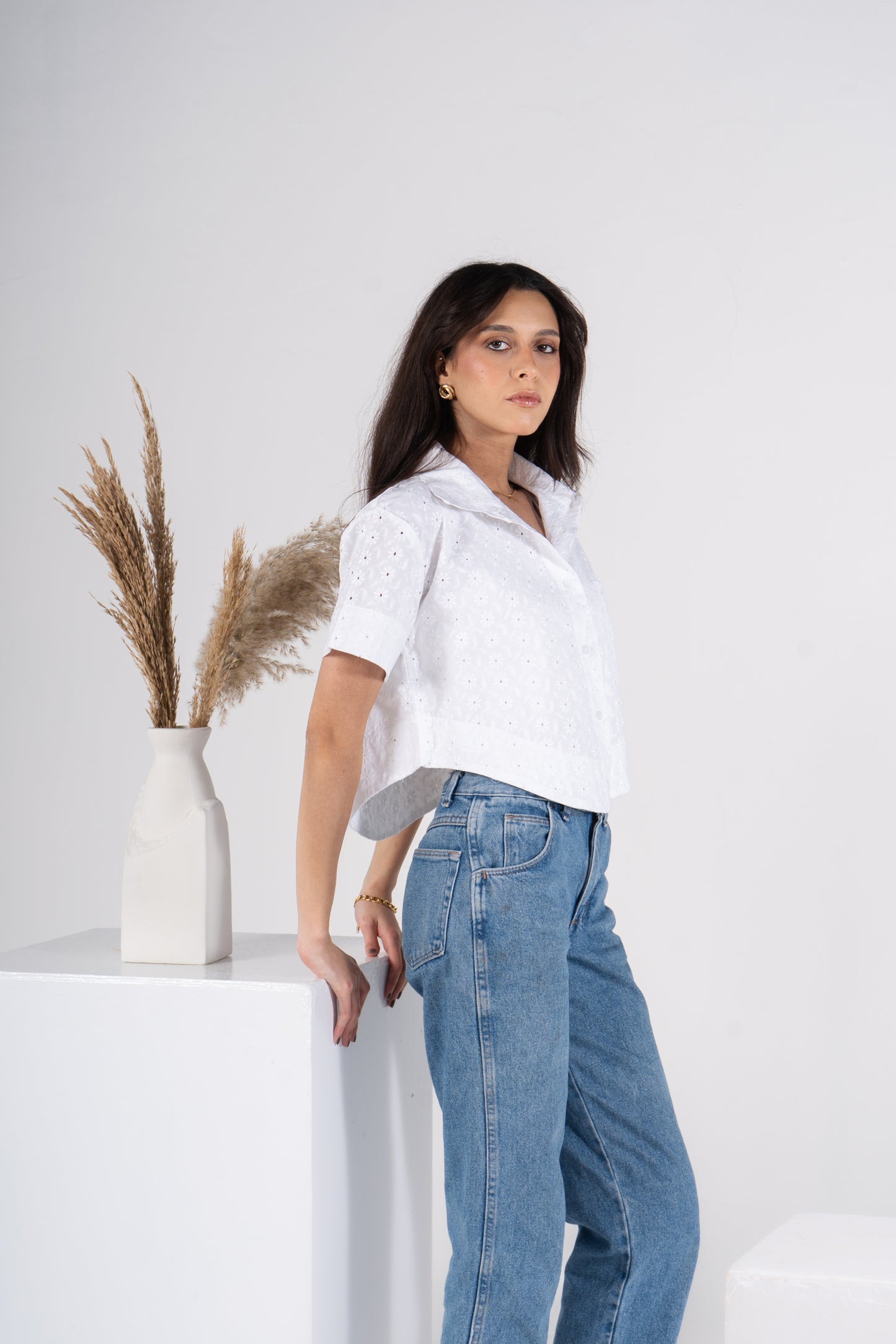 White Half Sleeves Cropped Eyelet Shirt