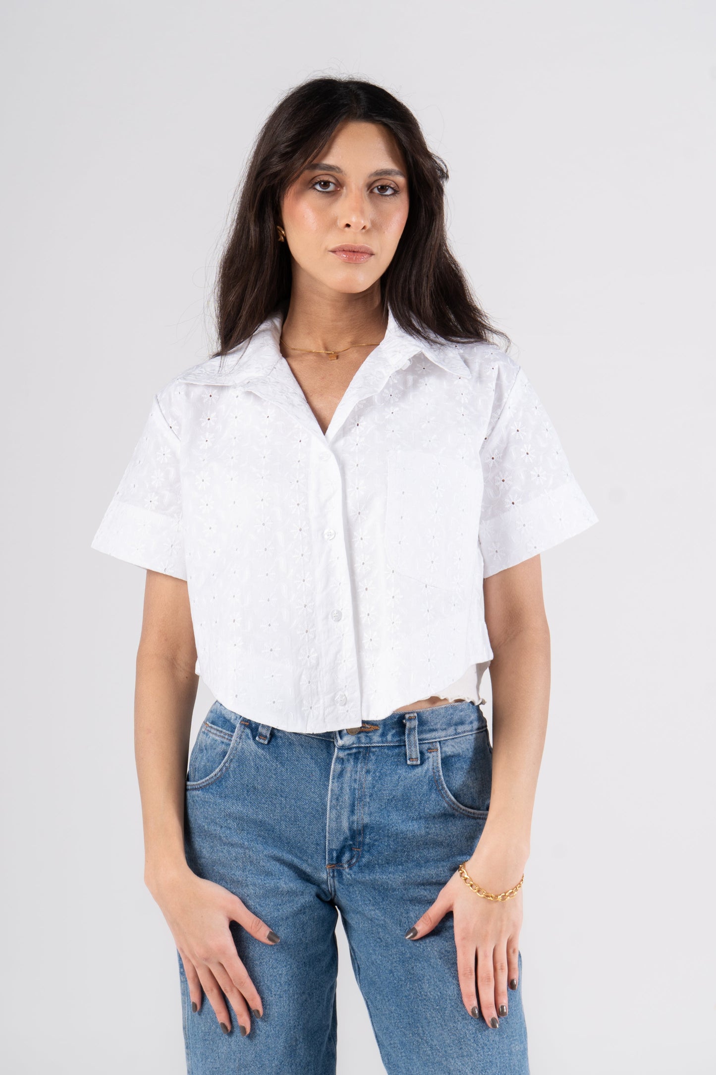 White Half Sleeves Cropped Eyelet Shirt