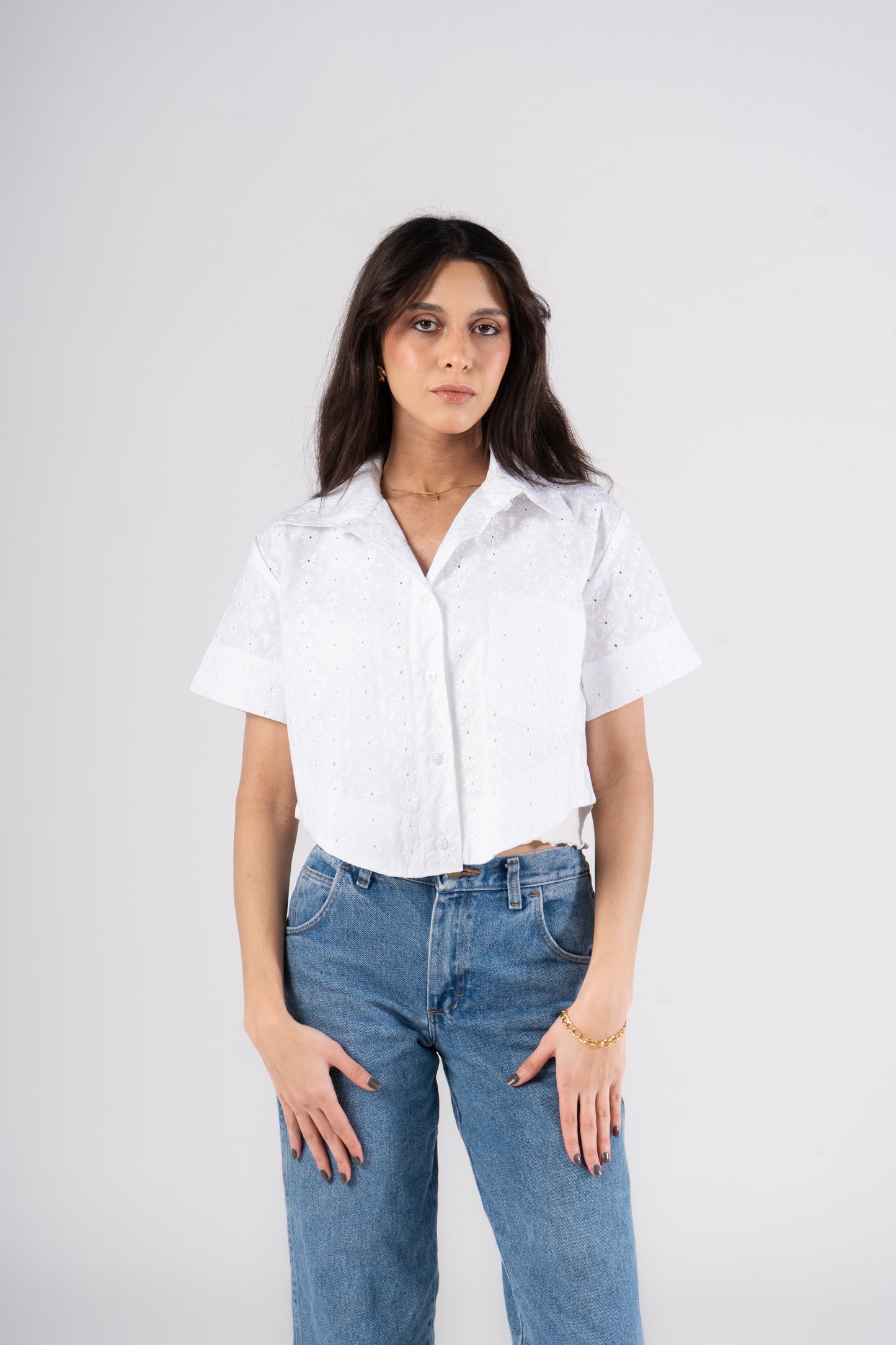 White Half Sleeves Cropped Eyelet Shirt
