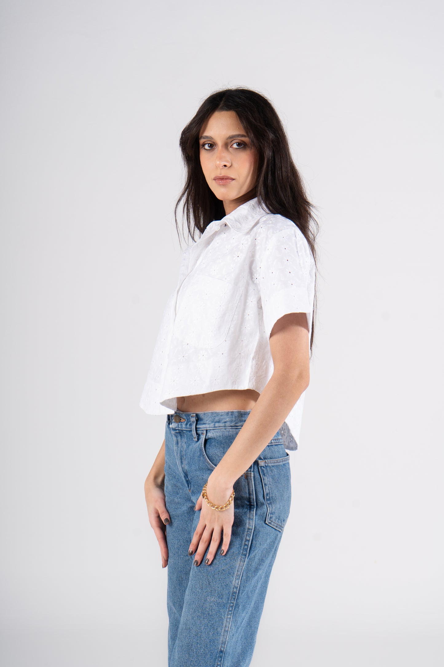 White Half Sleeves Cropped Eyelet Shirt