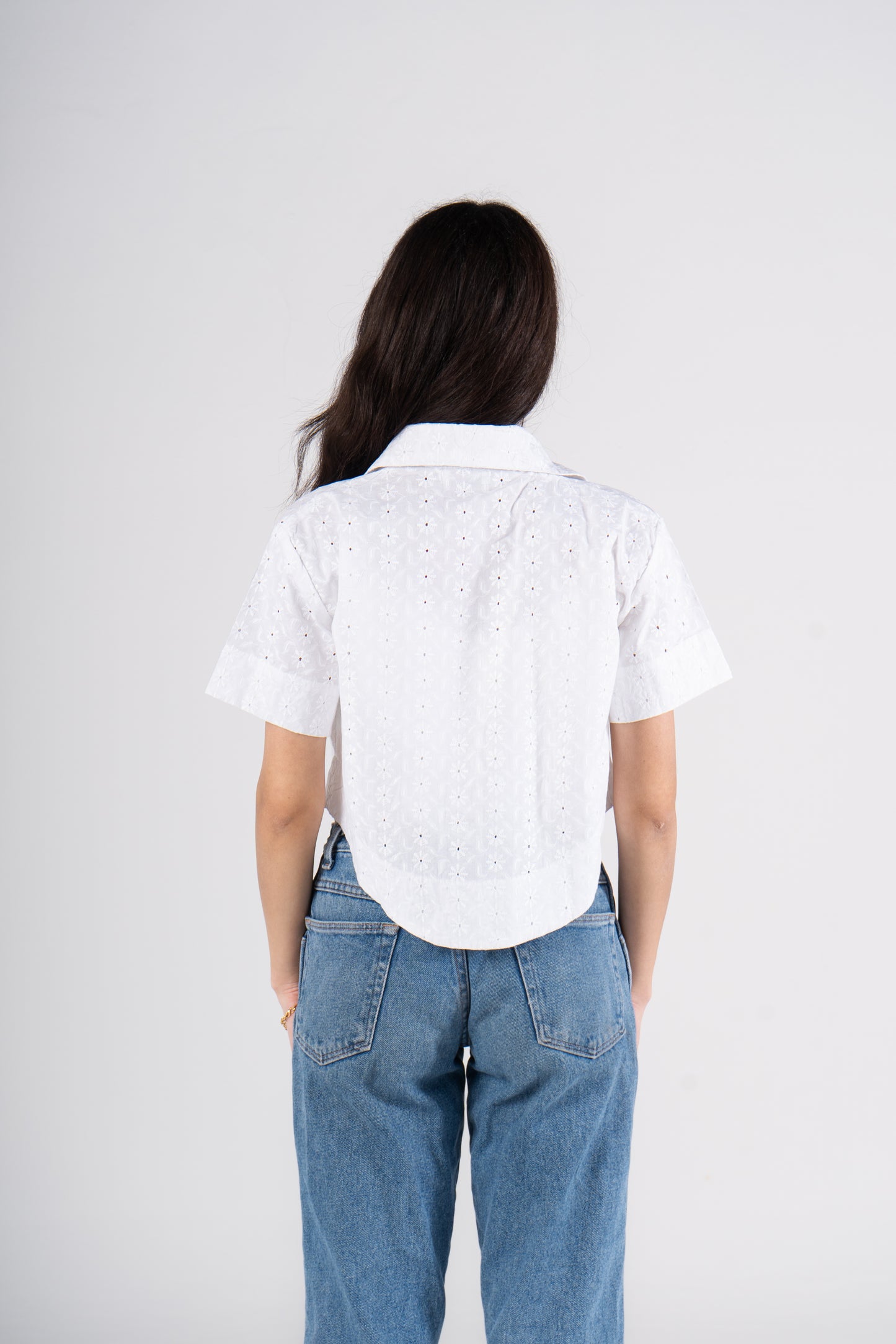 White Half Sleeves Cropped Eyelet Shirt