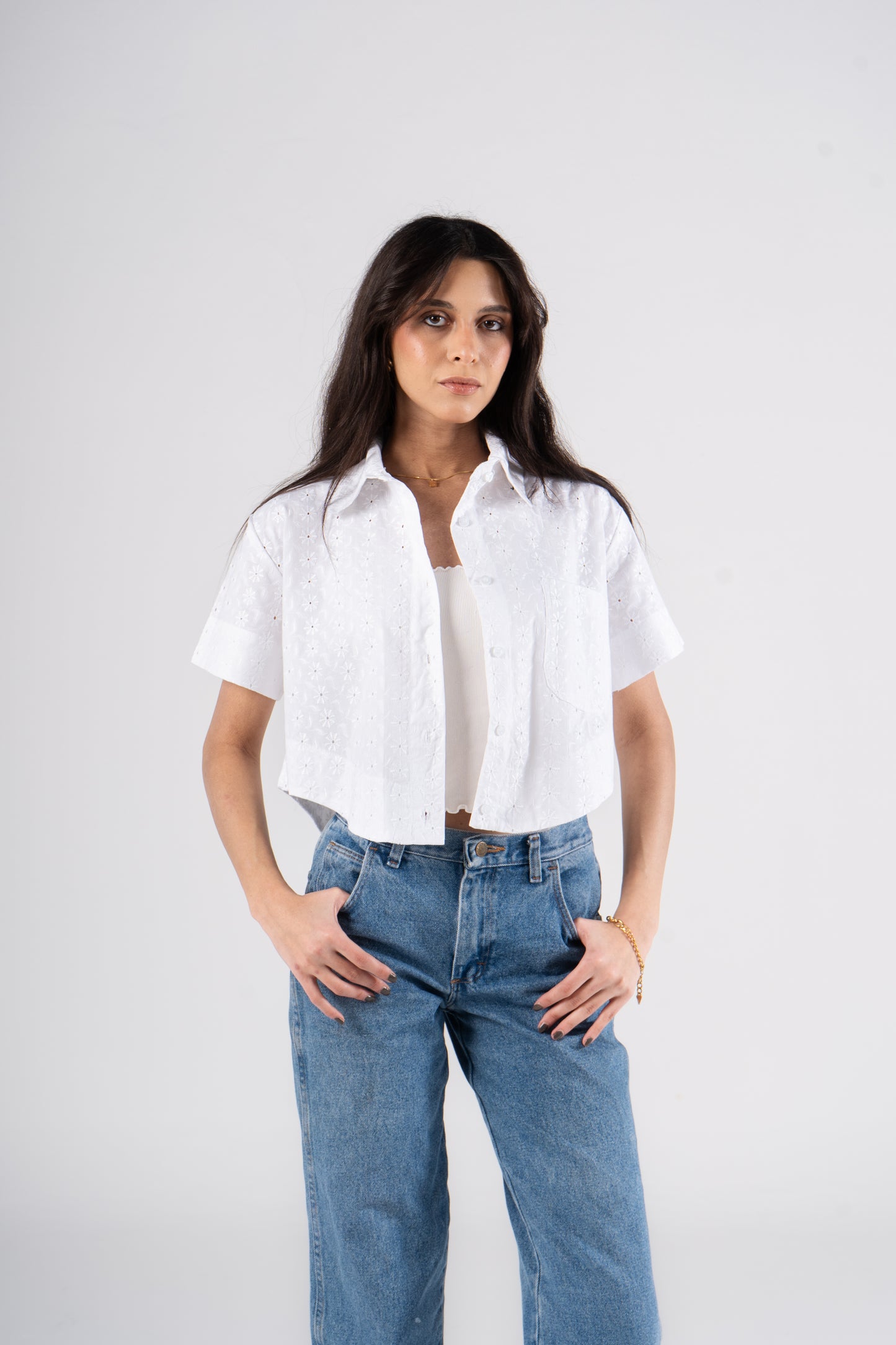 White Half Sleeves Cropped Eyelet Shirt