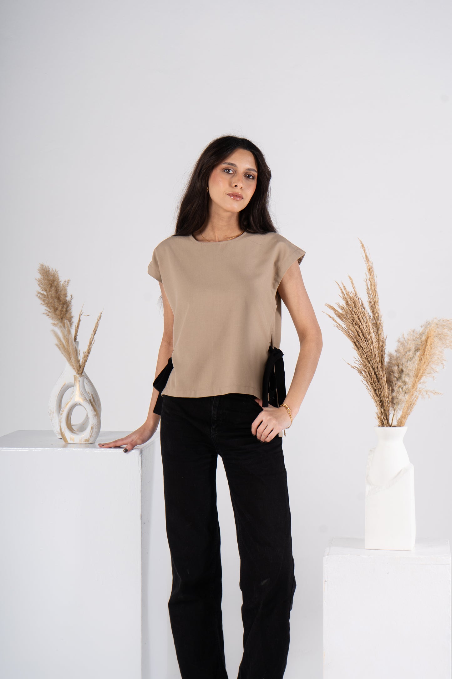 Beige Short Sleeves Linen Blouse With Ribbons