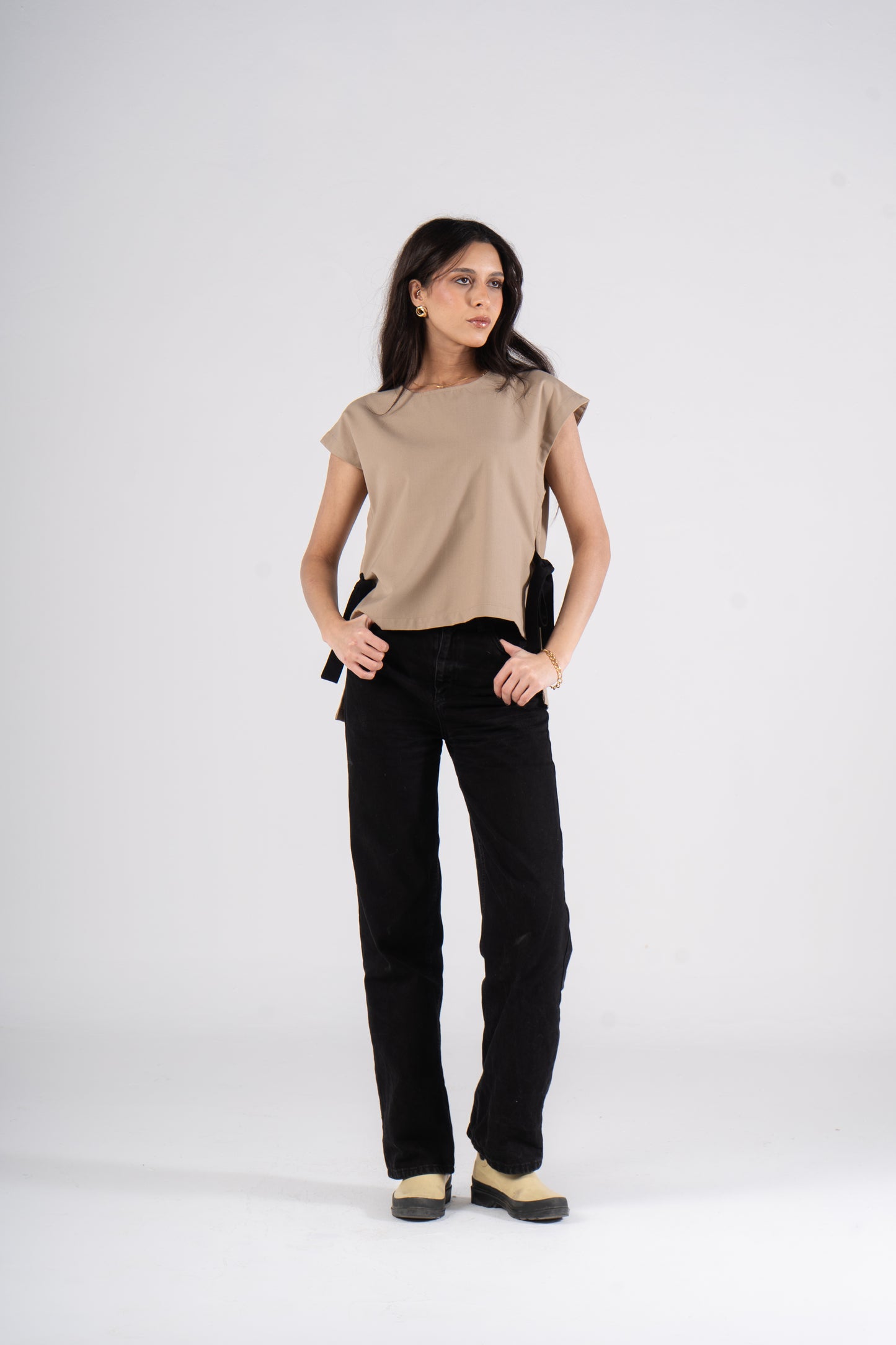 Beige Short Sleeves Linen Blouse With Ribbons