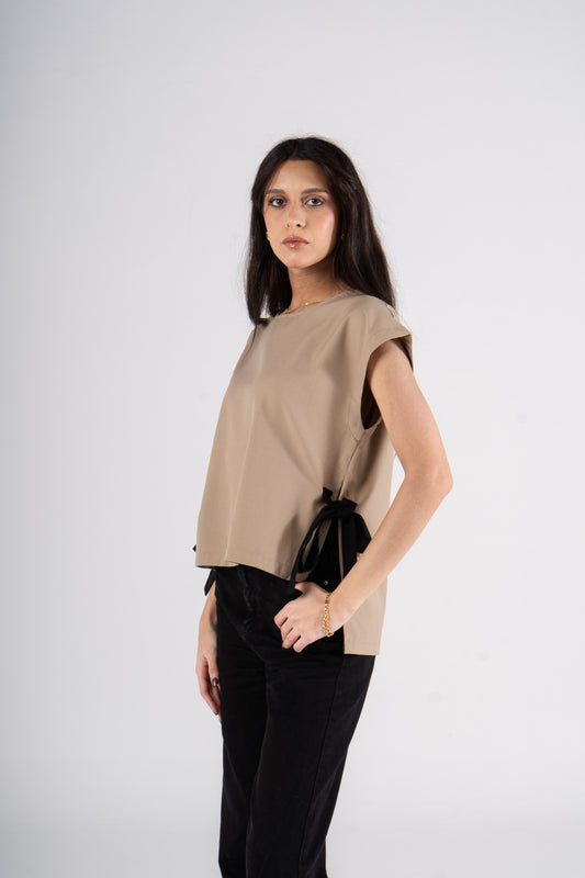 Beige Short Sleeves Linen Blouse With Ribbons