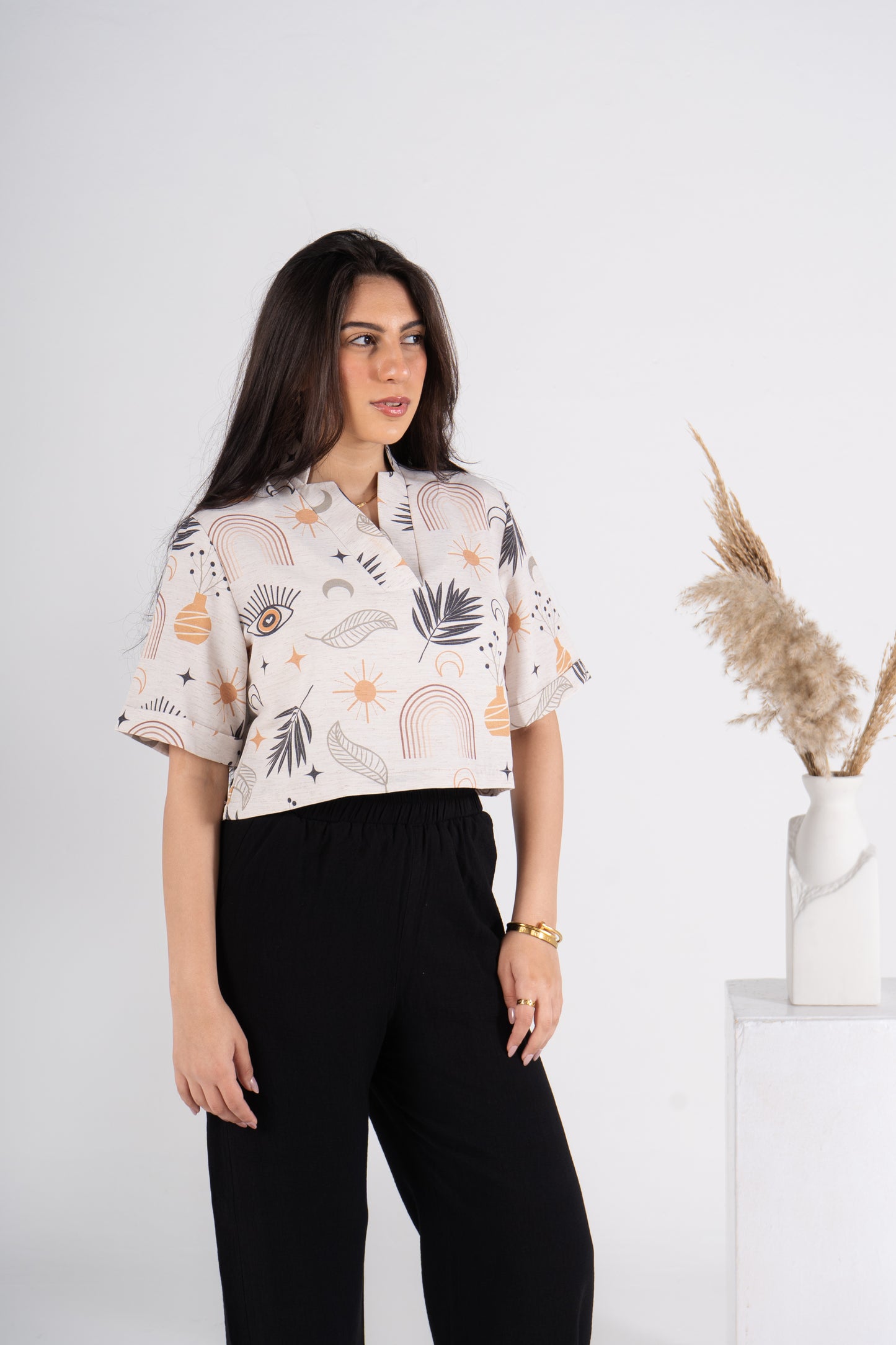 Half Sleeves Cropped Printed Linen Blouse