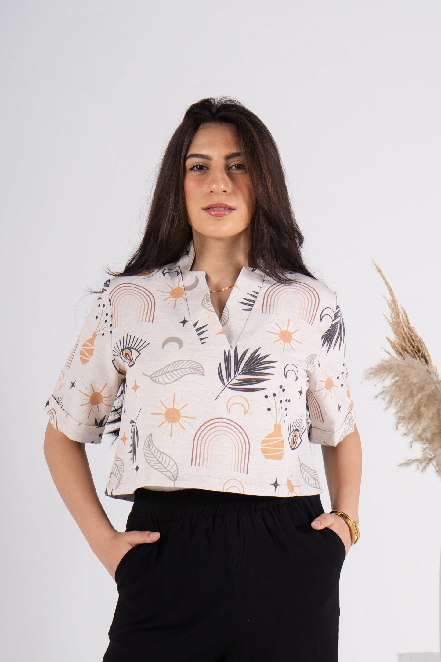 Half Sleeves Cropped Printed Linen Blouse