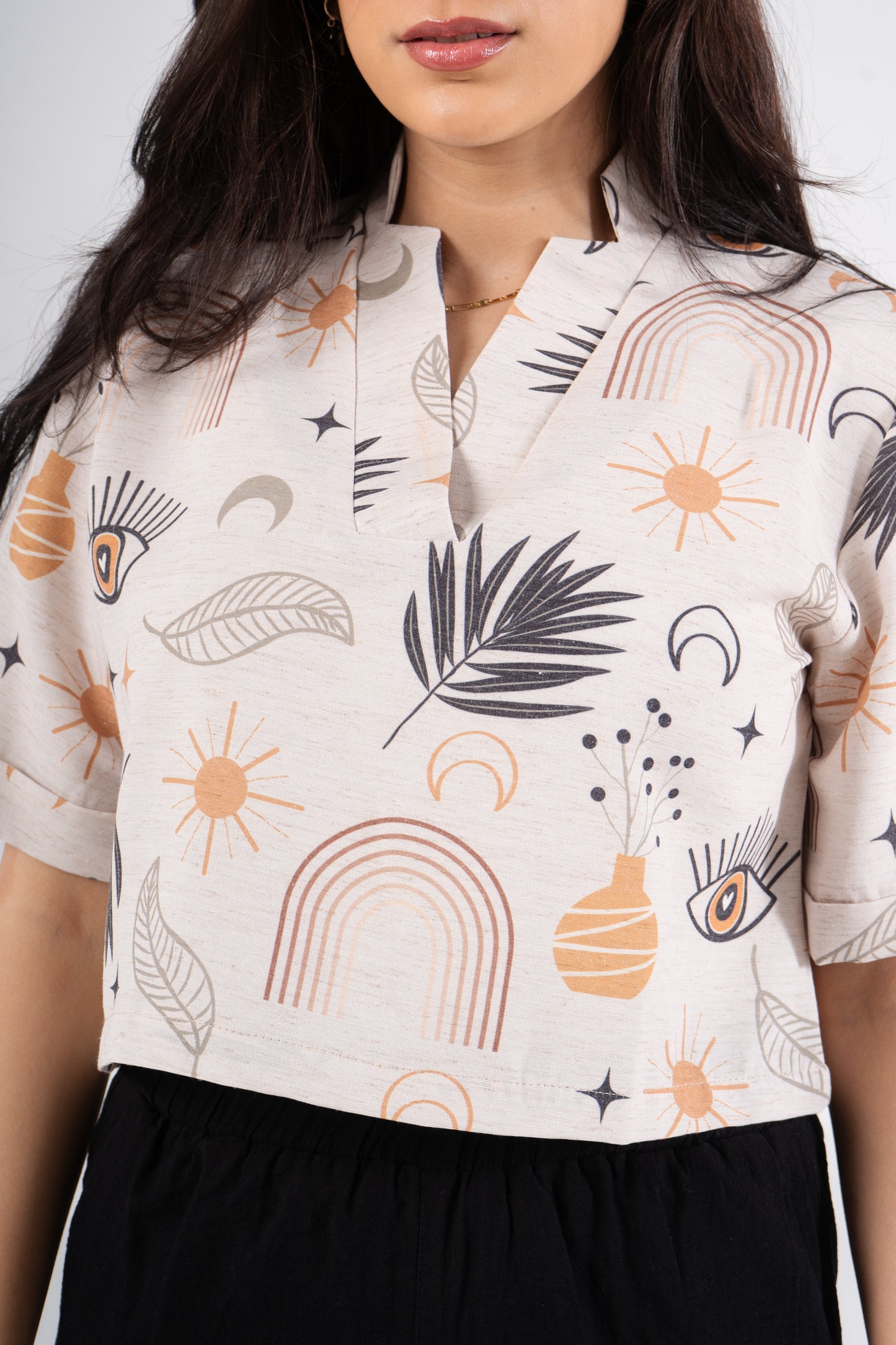 Half Sleeves Cropped Printed Linen Blouse