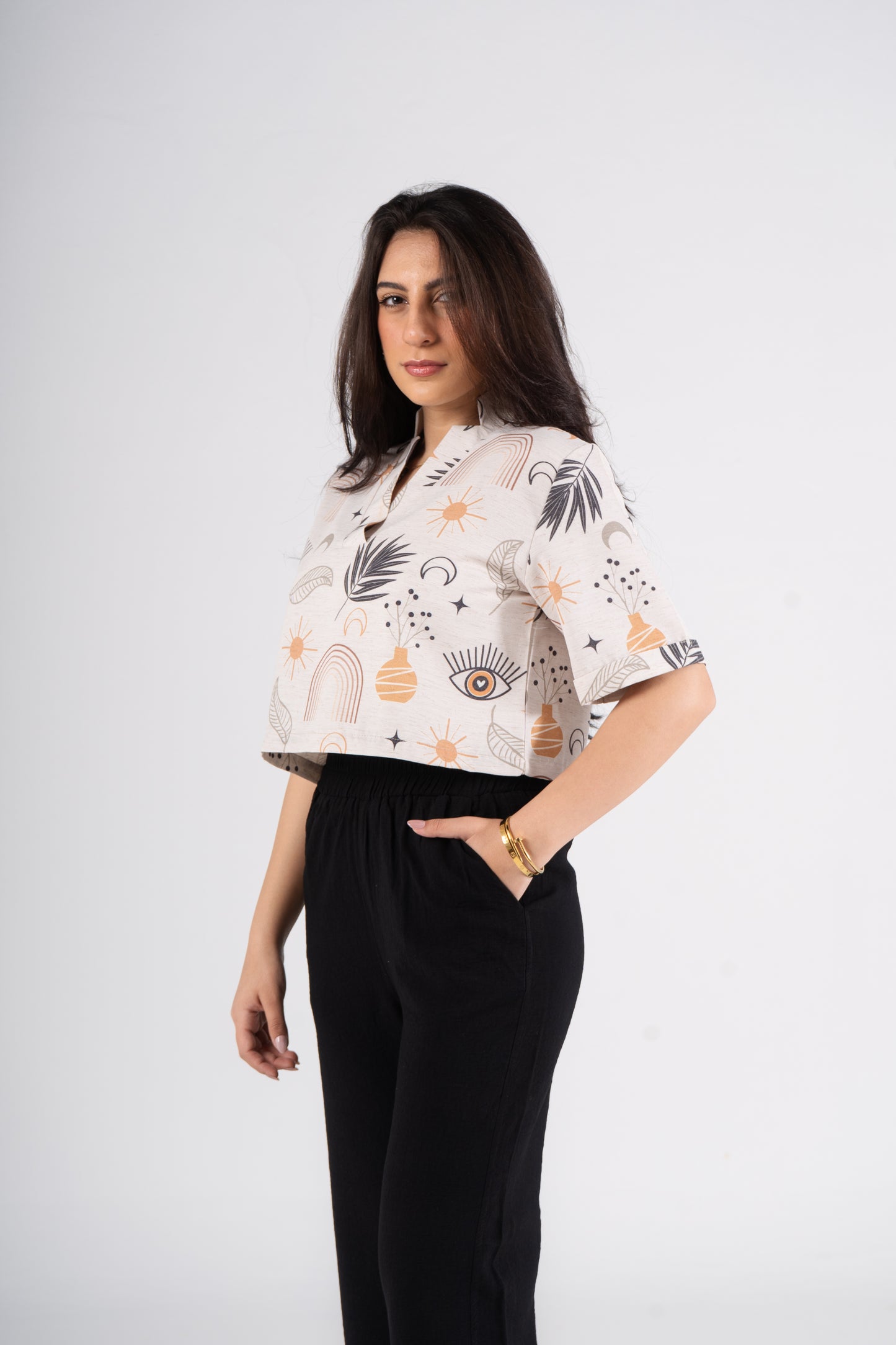 Half Sleeves Cropped Printed Linen Blouse
