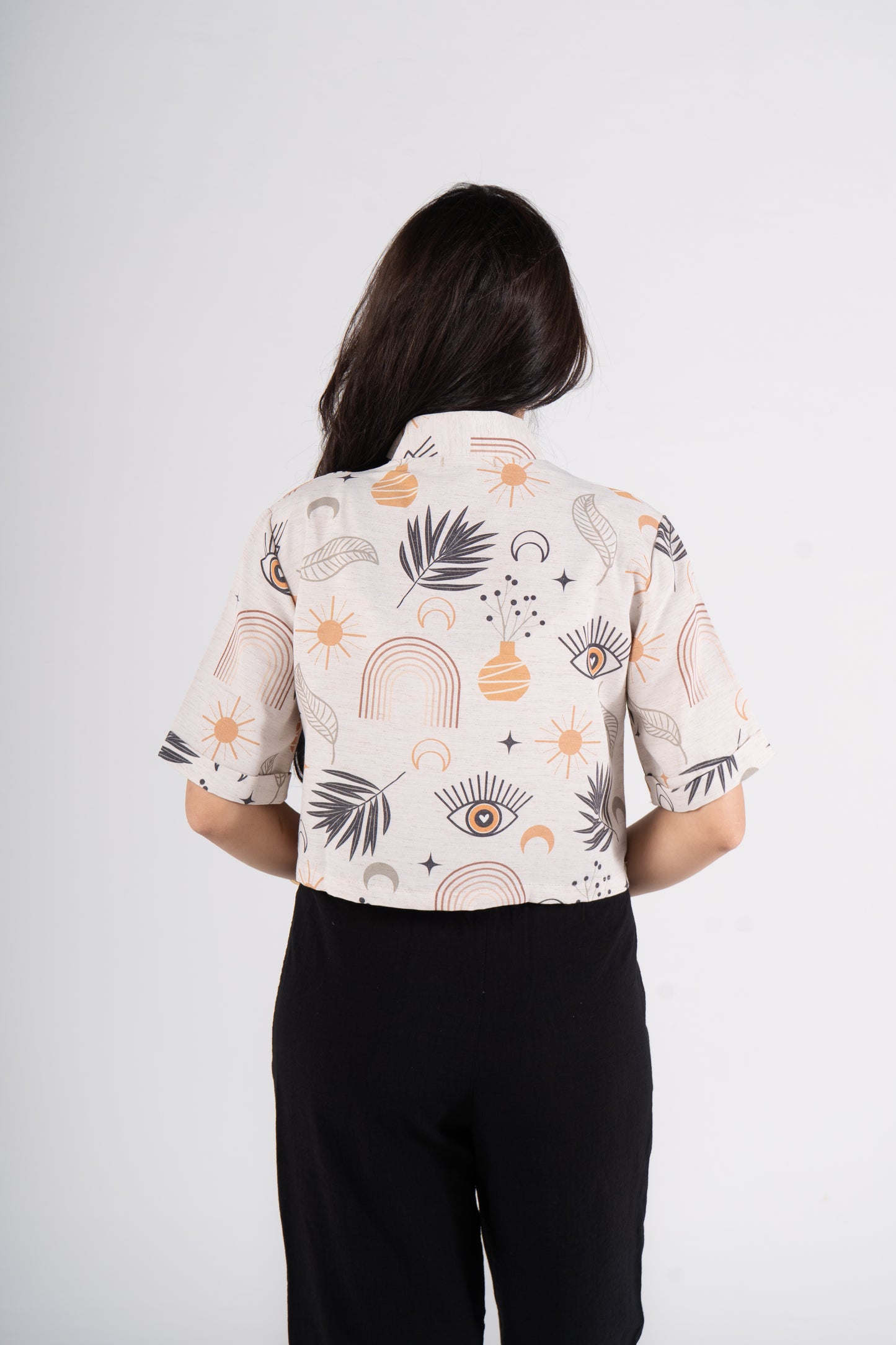 Half Sleeves Cropped Printed Linen Blouse