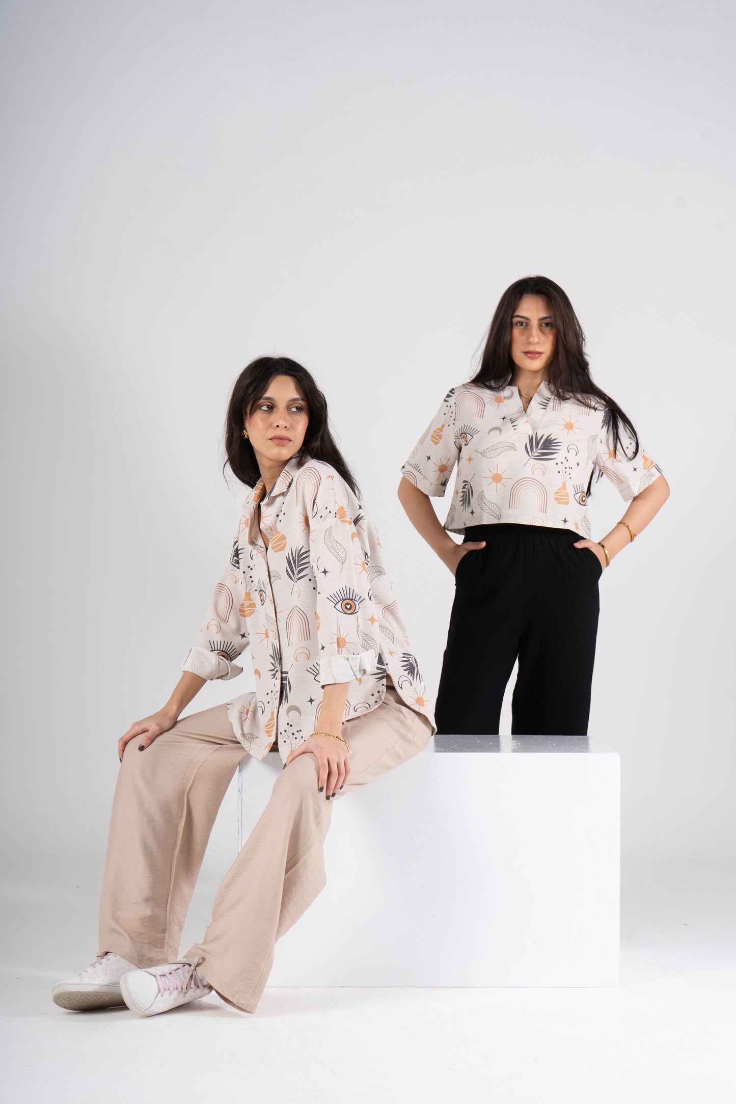 Half Sleeves Cropped Printed Linen Blouse